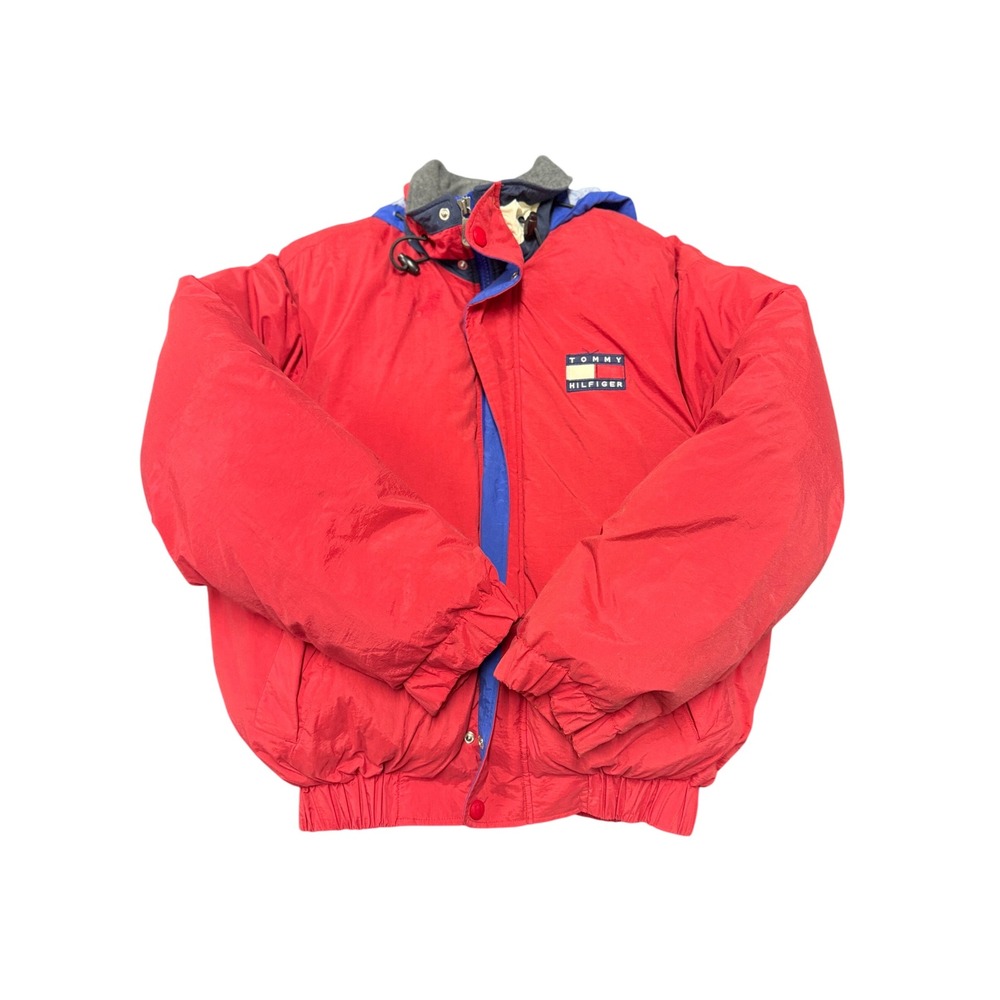 Vintage Tommy Hilfiger‎ Red Blue Hooded Puffer Jacket Winter Warm Down Mens Lare